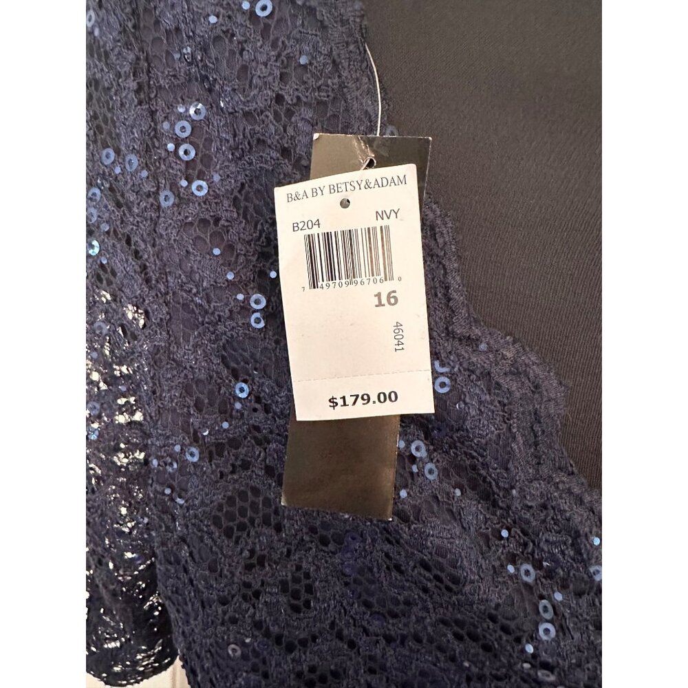 Betsy & Adams 16 Navy Blue Sequin Lace Bodice Gown Ruched Skirt & Beaded Detail - Picture 8 of 11